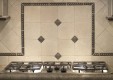 The five burner gas range is versatile for the amateur cook as well as professional chef.  Being accented by the tile backsplash and framed by the rope sizzle strip, the area is identified as the center of culinary production and composition.